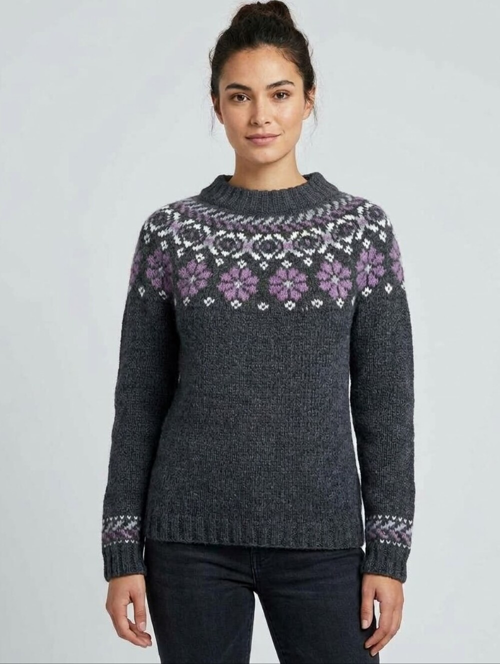 Hand Knit Nordic Fair Isle Sweater Grey Purple Floral Alpaca Blend Mock Neck S